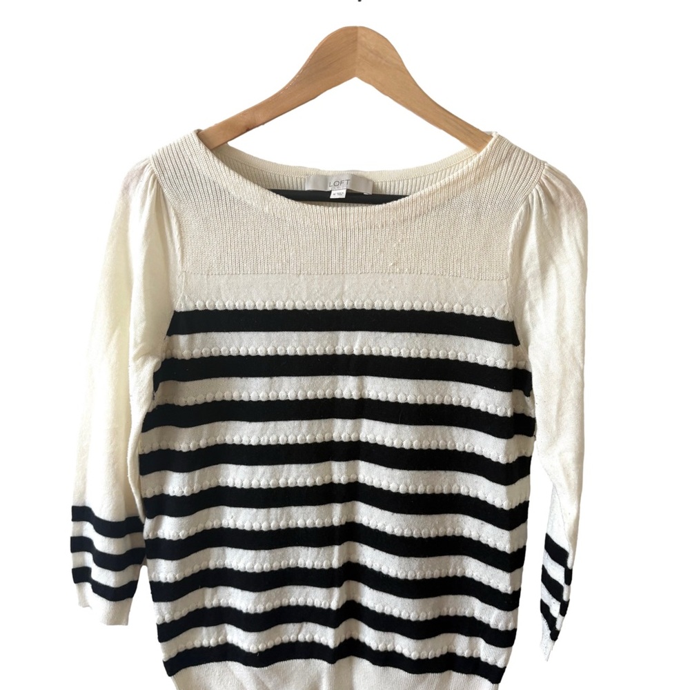 LOFT Black & Ivory Striped Textured Sweater Puff Sleeve Size M